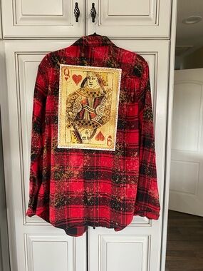 Red Plaid Women's Jacket with Queen of Hearts Patch